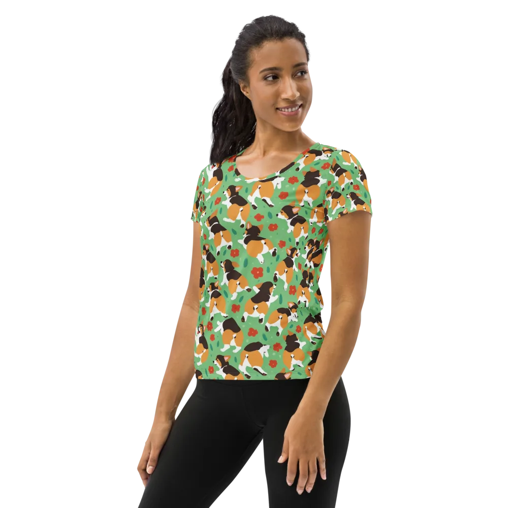 Minty Corgi Meadow on Women's Athletic T-Shirt — Left