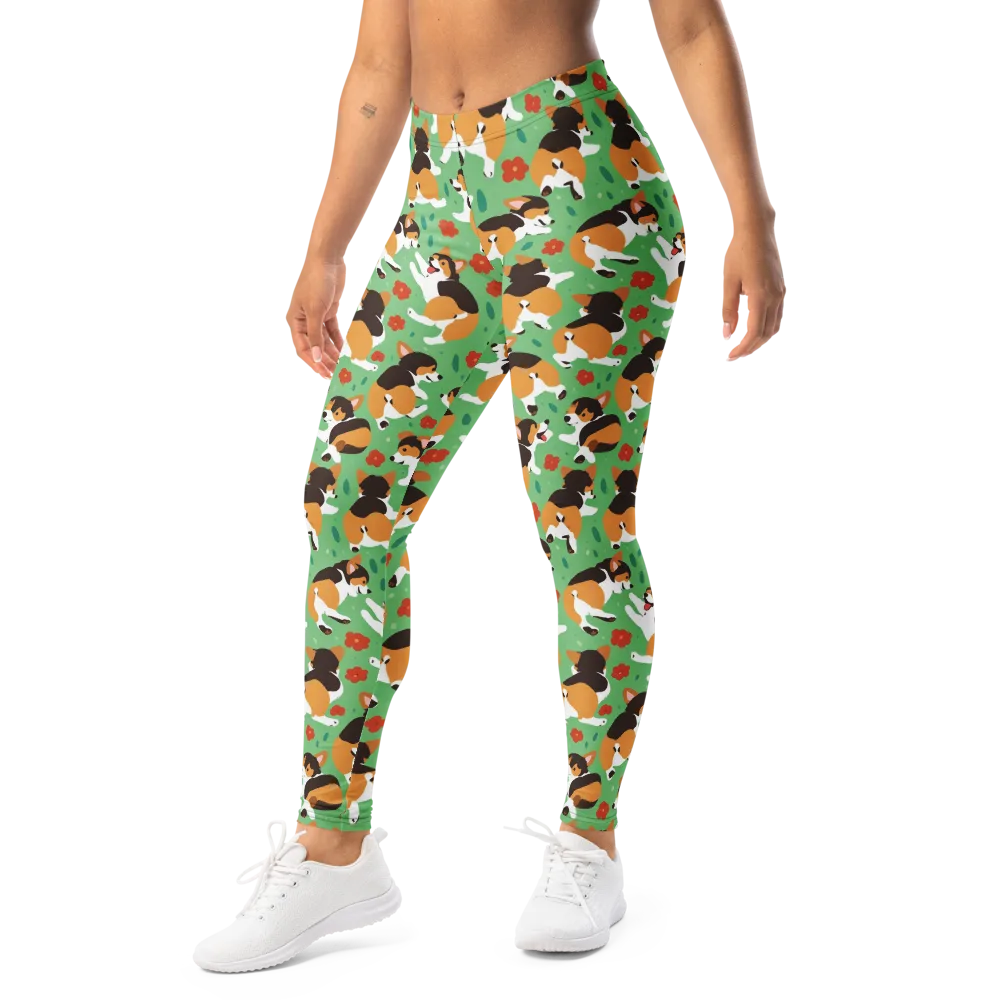 Minty Corgi Meadow on Leggings — Left Front