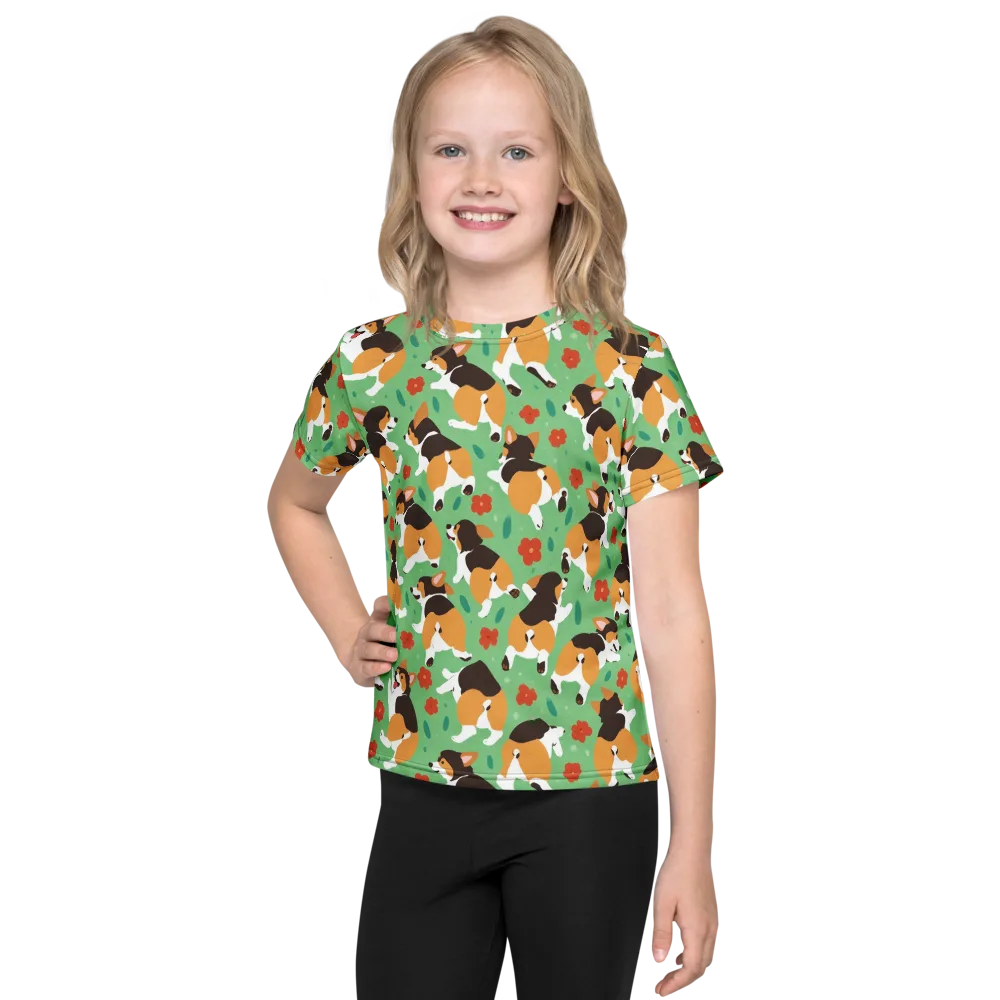 Minty Corgi Meadow on Kids Crew Neck T-Shirt — Front