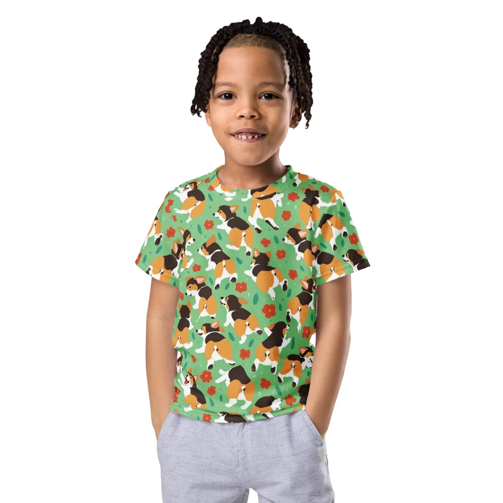 Minty Corgi Meadow on Kids Crew Neck T-Shirt — Front