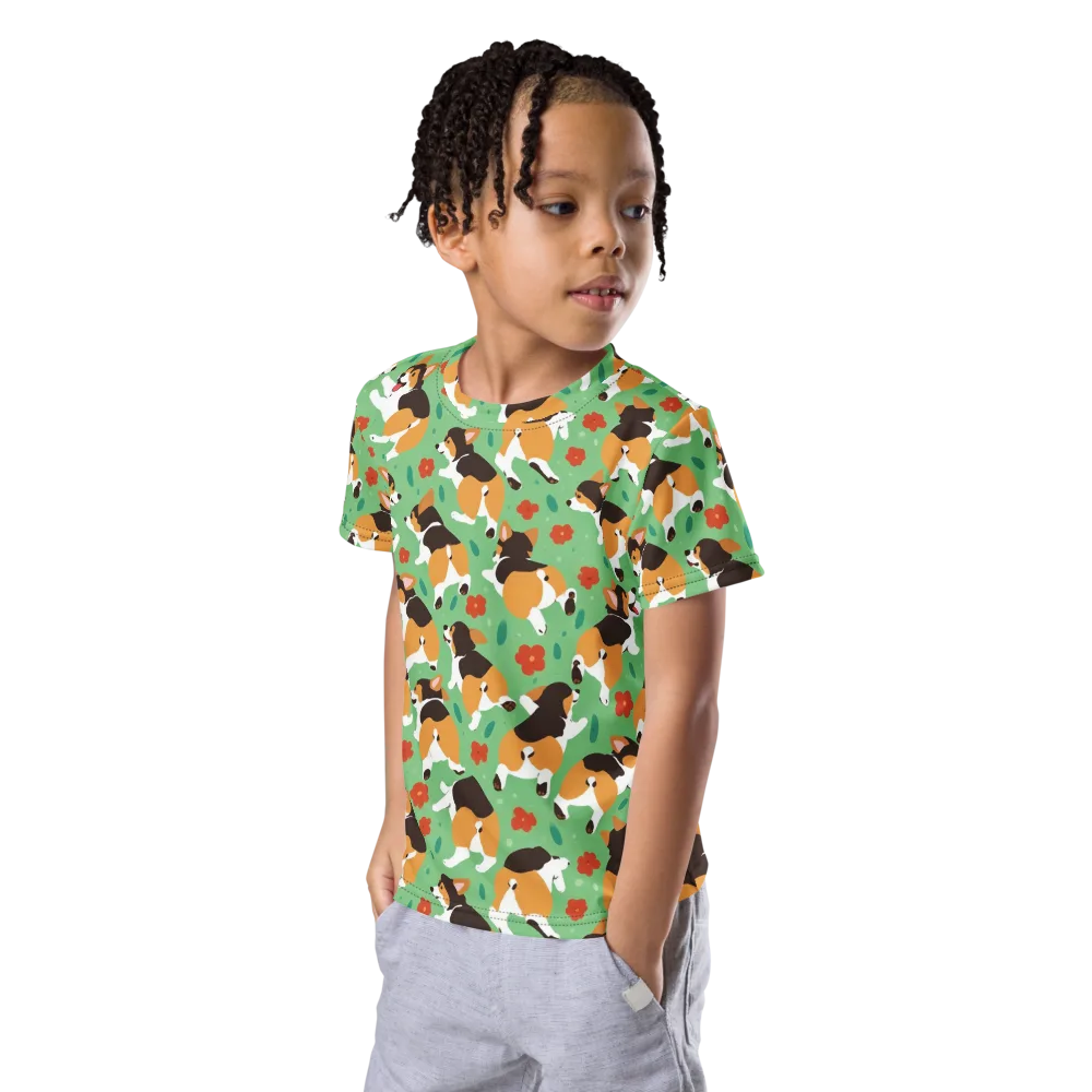 Minty Corgi Meadow on Kids Crew Neck T-Shirt — Left Front