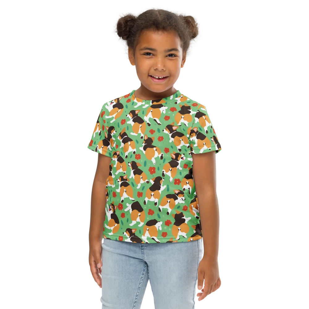 Minty Corgi Meadow on Kids Crew Neck T-Shirt — Front