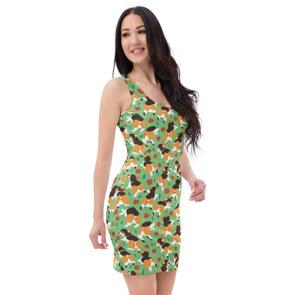 Minty Corgi Meadow on Bodycon Dress — Right Front