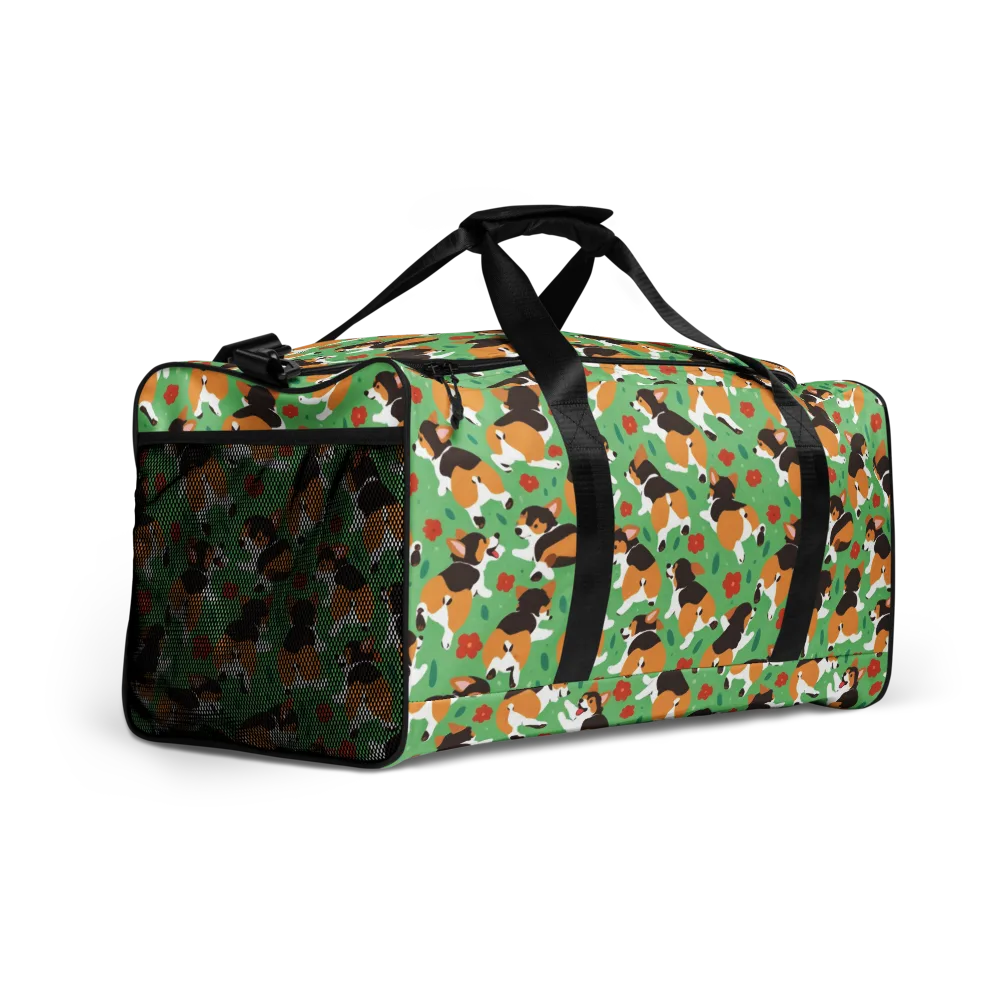 Minty Corgi Meadow on Duffle Bag — Right Front