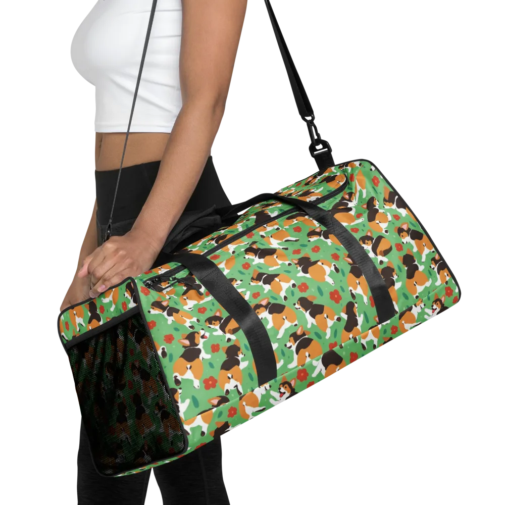 Minty Corgi Meadow on Duffle Bag — Front