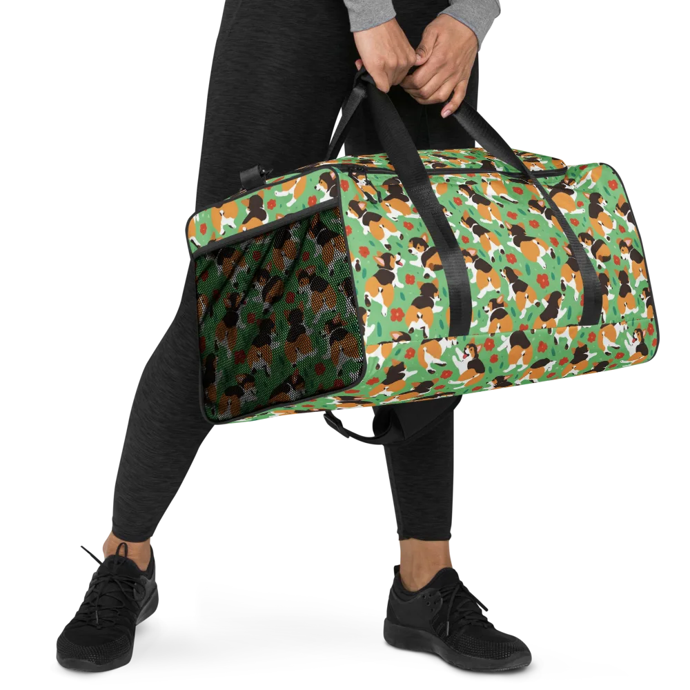 Minty Corgi Meadow on Duffle Bag — Right Front