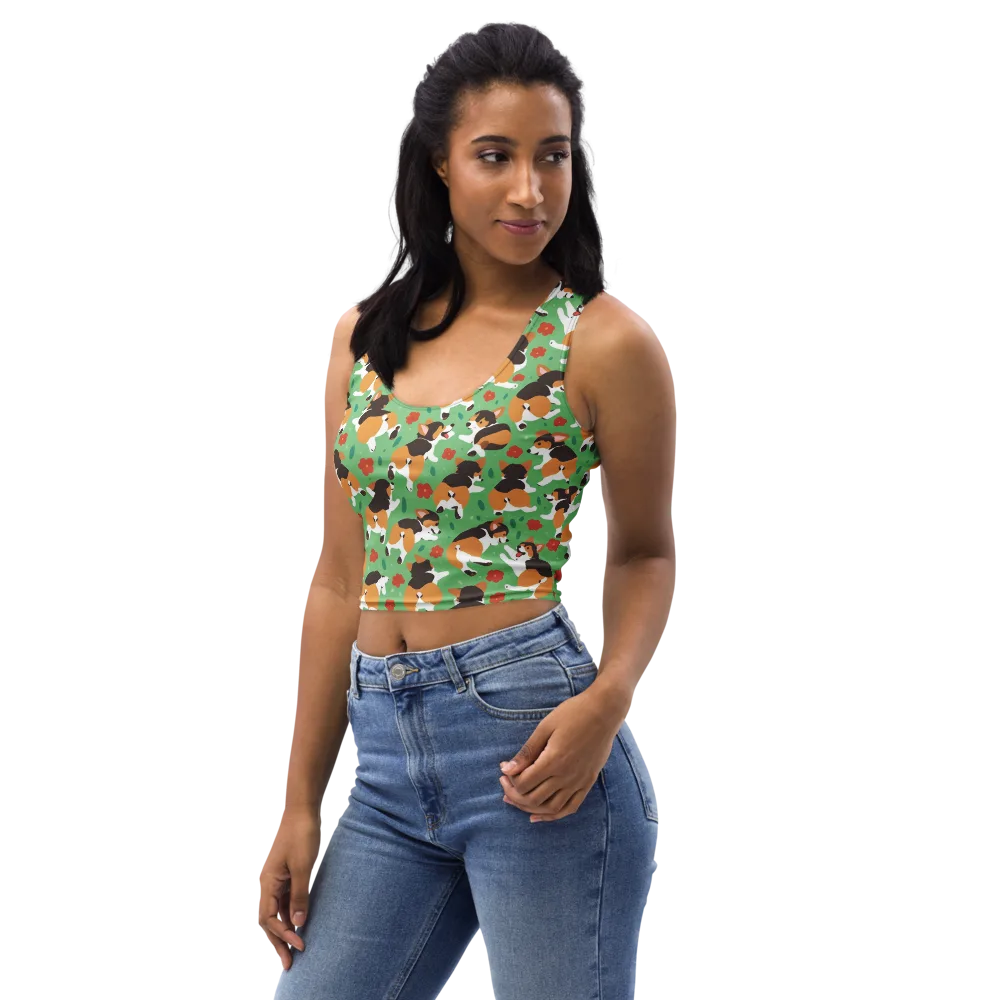 Minty Corgi Meadow on Crop Top — Left Front