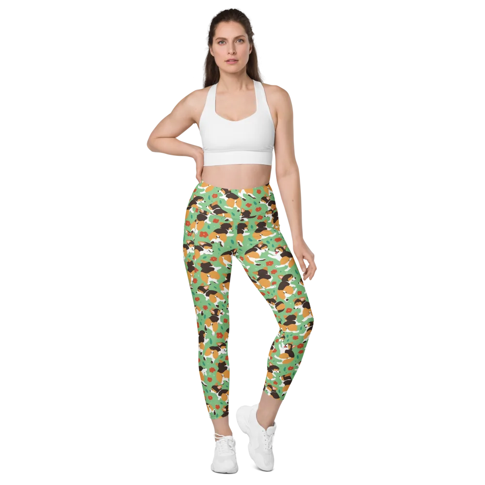 Minty Corgi Meadow on Leggings with Pockets — Front