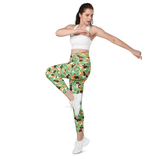Minty Corgi Meadow on a Leggings with Pockets