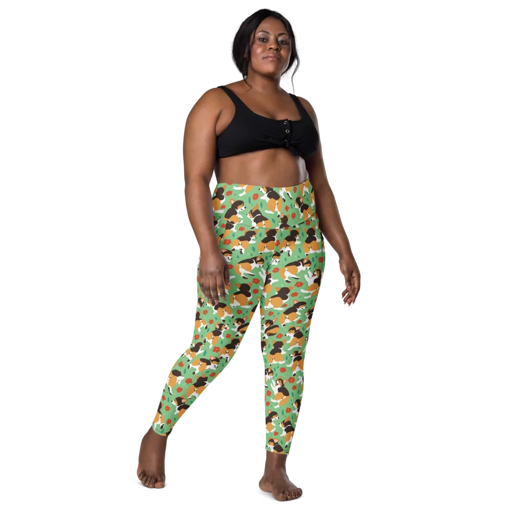 Minty Corgi Meadow on Leggings with Pockets — Front