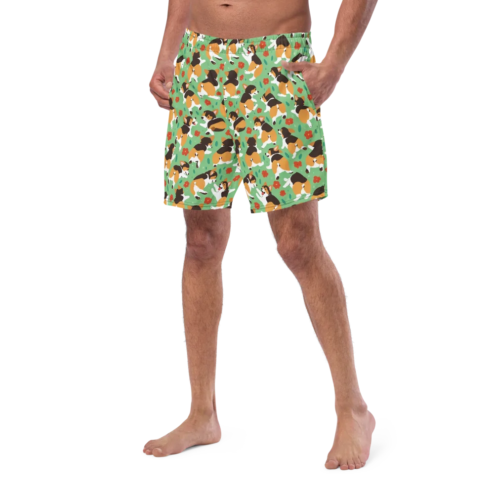 Minty Corgi Meadow on Swim Trunks — Left Front