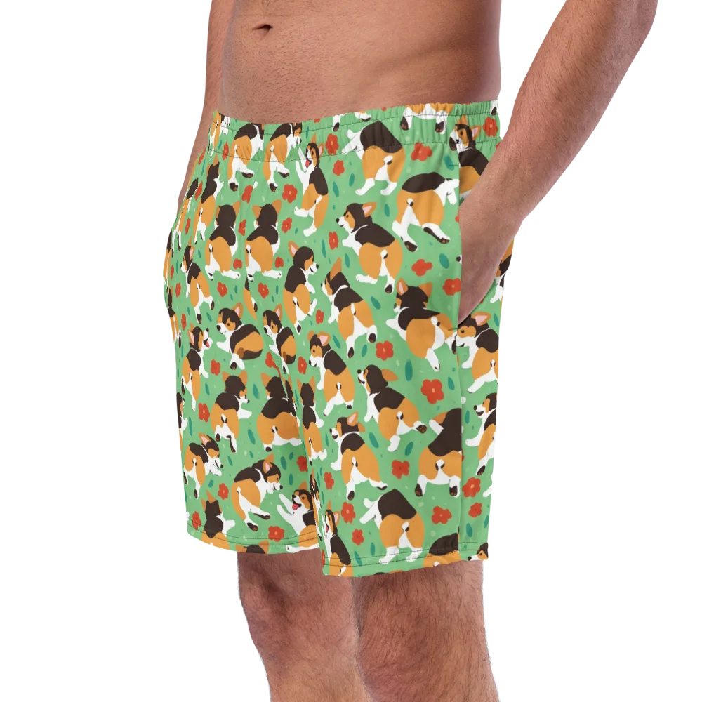 Minty Corgi Meadow on Swim Trunks — Left Front
