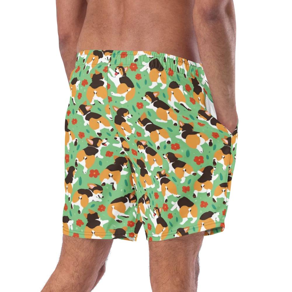 Minty Corgi Meadow on Swim Trunks — Right Back