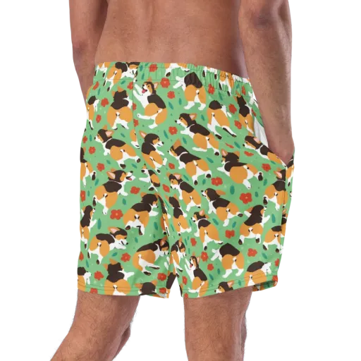 Minty Corgi Meadow on a Swim Trunks