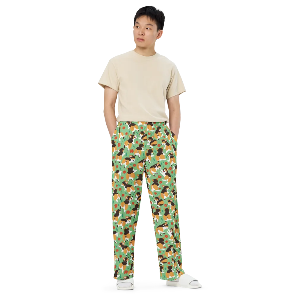 Minty Corgi Meadow on Wide-Leg Pants — Front