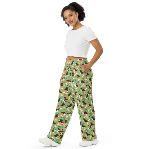 Minty Corgi Meadow on a Wide-Leg Pants