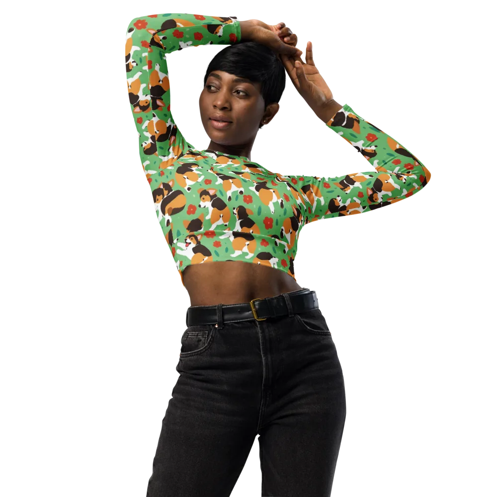 Minty Corgi Meadow on Long Sleeve Crop Top — Front