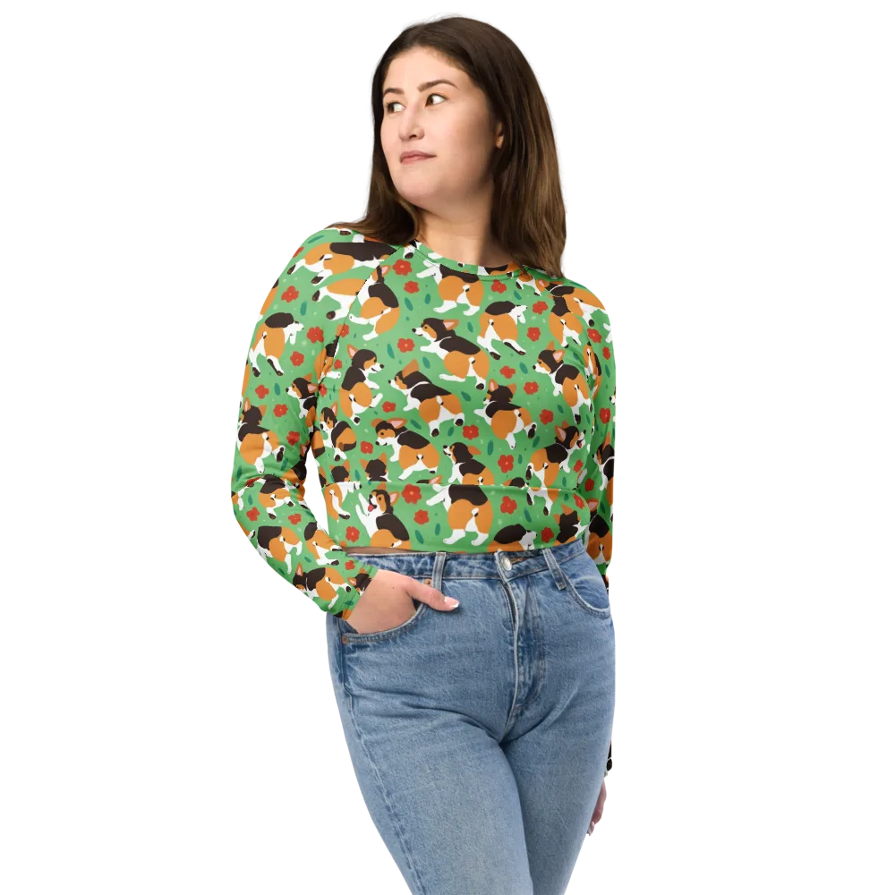 Minty Corgi Meadow on Long Sleeve Crop Top — Front