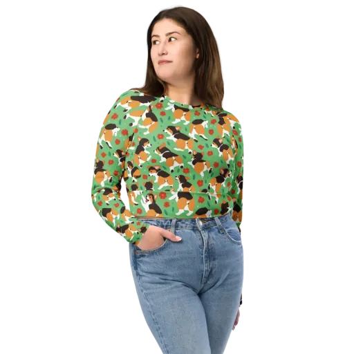 Minty Corgi Meadow on a Long Sleeve Crop Top