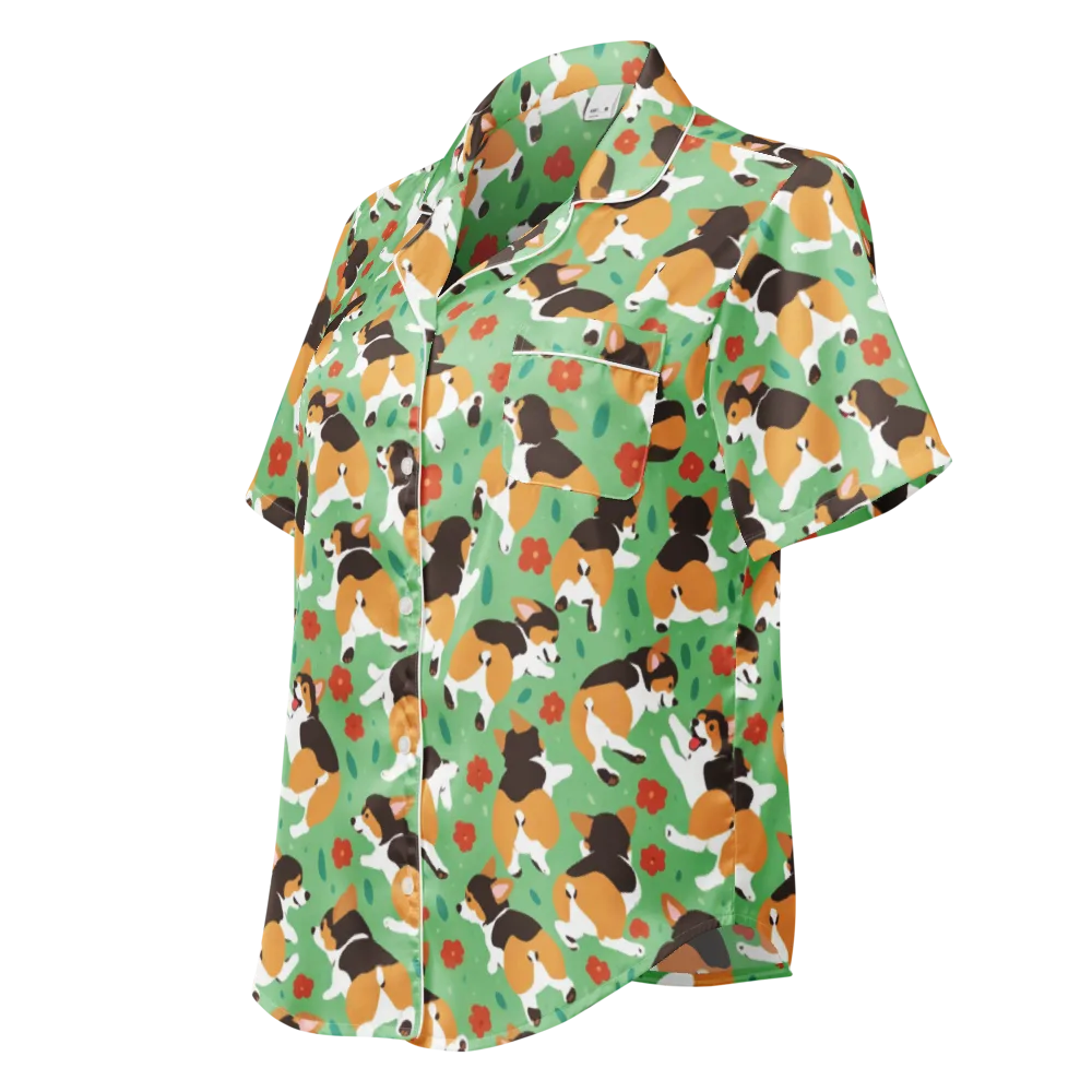Minty Corgi Meadow on Women's Short Sleeve Pajama Top — Left Front