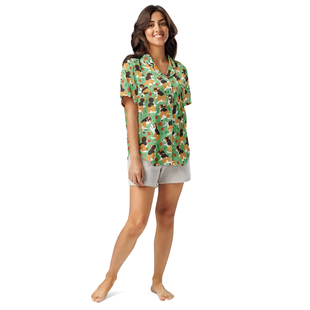 Minty Corgi Meadow on Women's Short Sleeve Pajama Top — Front