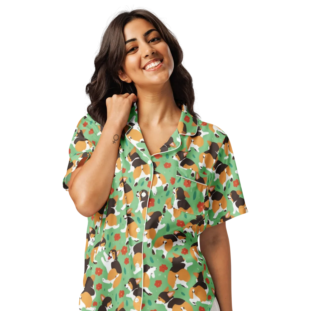 Minty Corgi Meadow on Women's Short Sleeve Pajama Top — Front