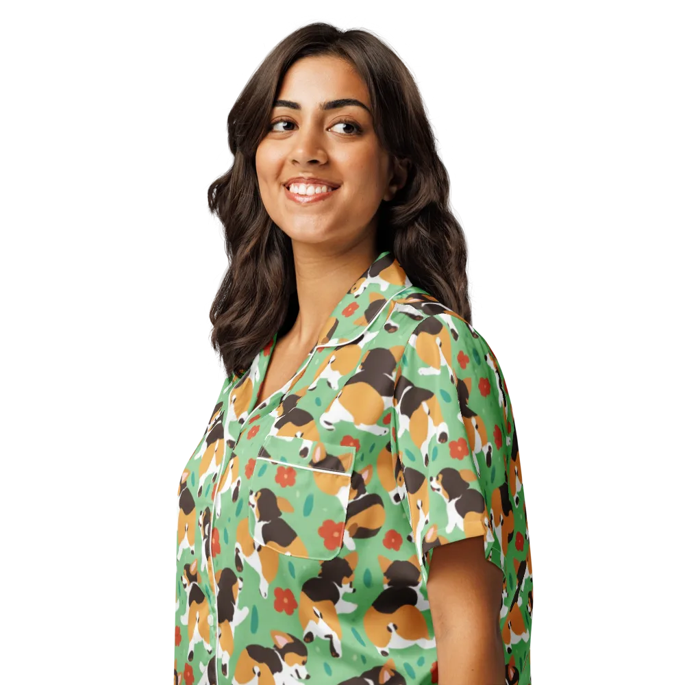 Minty Corgi Meadow on Women's Short Sleeve Pajama Top — Left Front
