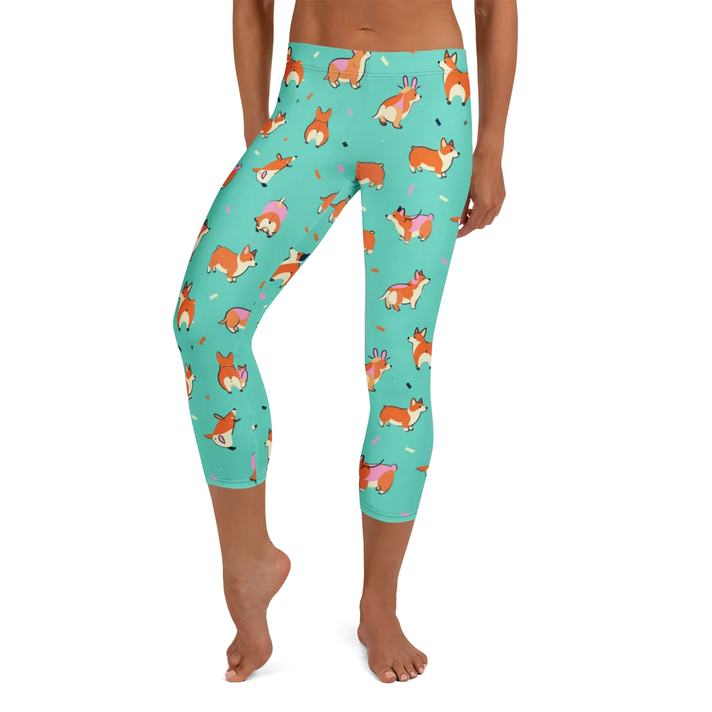 Turquoise Corgi Club on Capri Leggings — Front