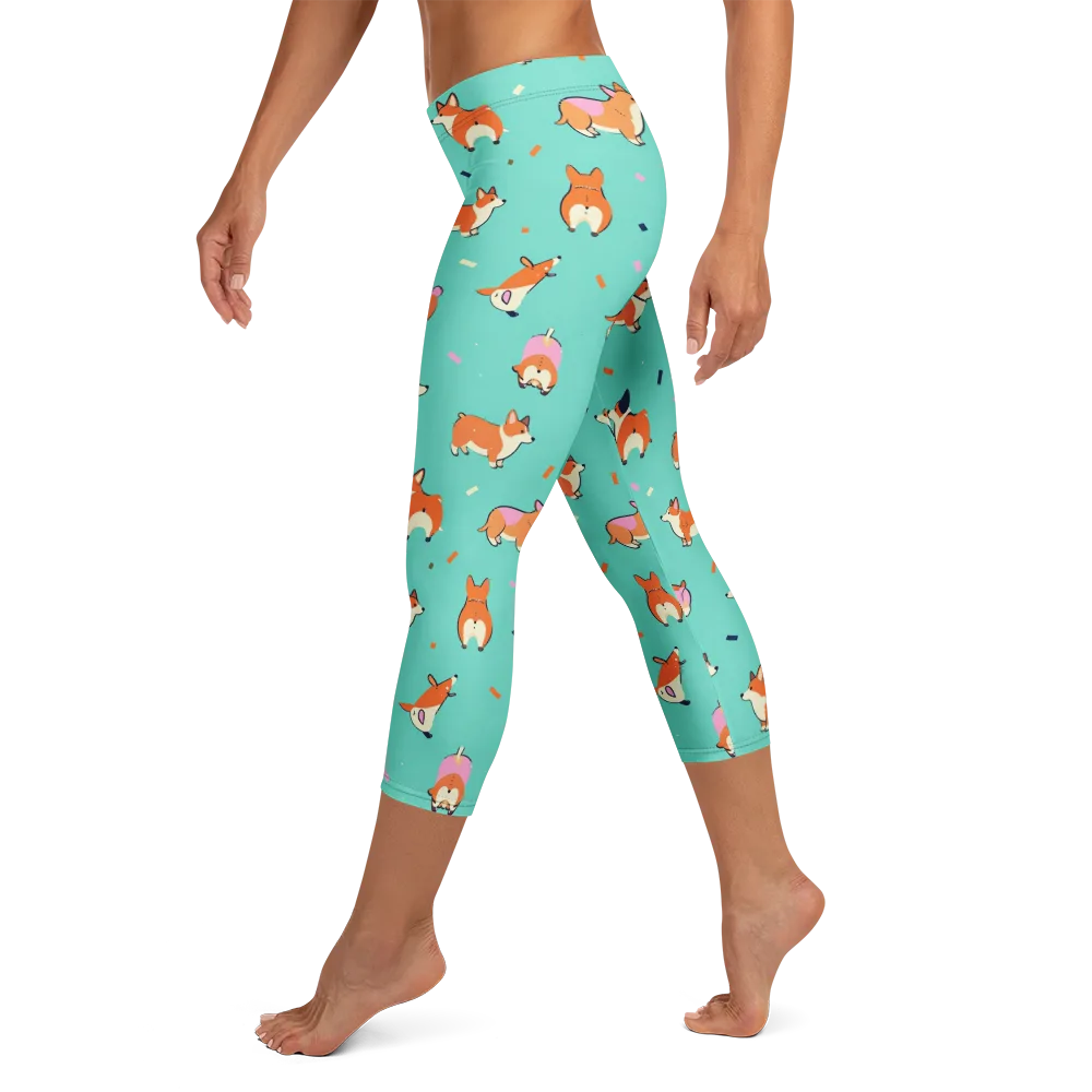 Turquoise Corgi Club on Capri Leggings — Left