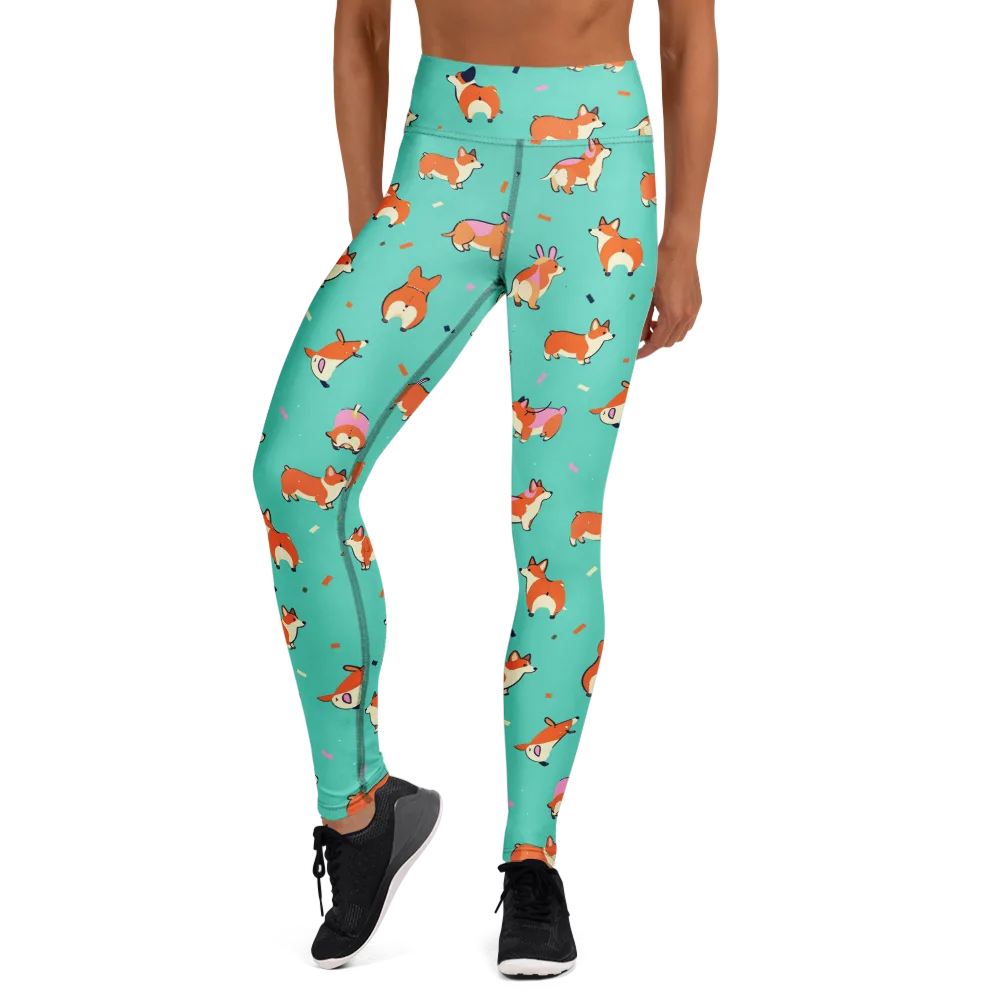 Turquoise Corgi Club on Yoga Leggings — Front