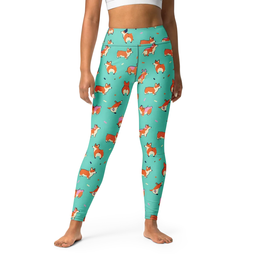 Turquoise Corgi Club on Yoga Leggings — Front