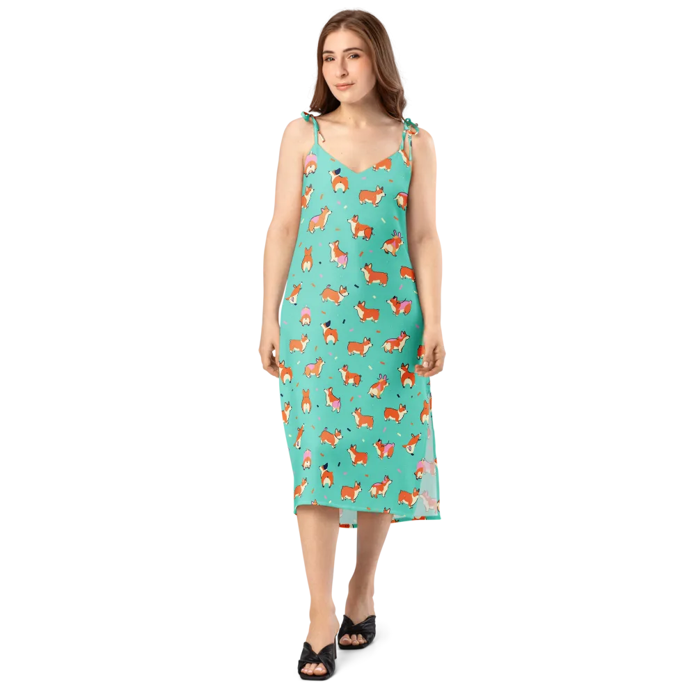 Turquoise Corgi Club on Slip Dress — Front