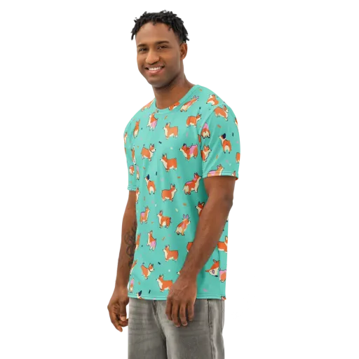 Turquoise Corgi Club on a Men's Cotton Crew Neck T-Shirt