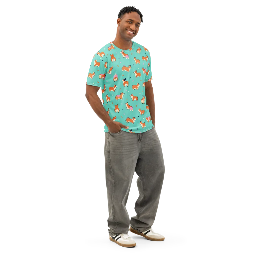 Turquoise Corgi Club on Men's Cotton Crew Neck T-Shirt — Right Front