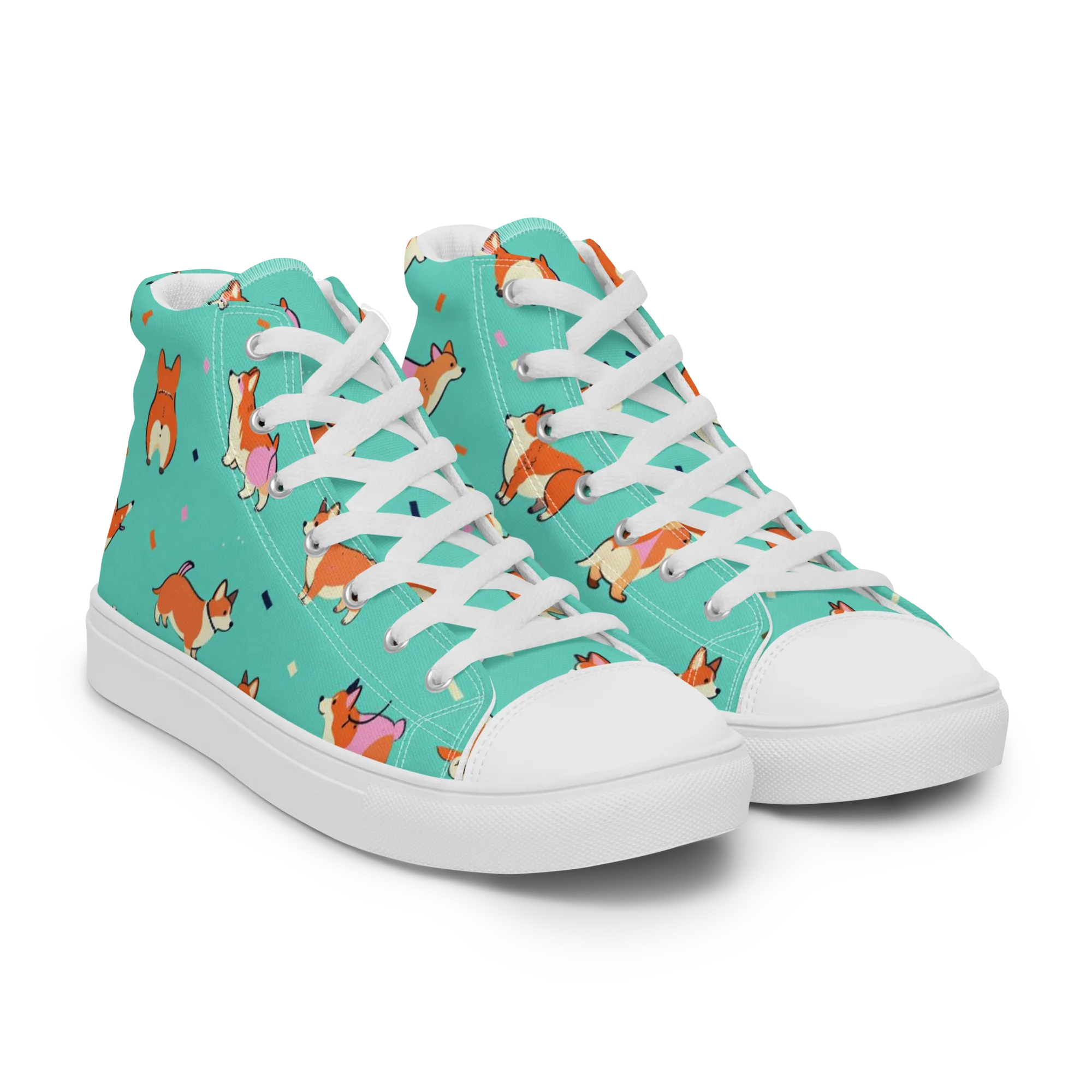 Turquoise Corgi Club on Men's High Top Canvas Shoes — Right Front