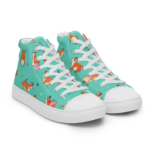 Turquoise Corgi Club on a Men's High Top Canvas Shoes