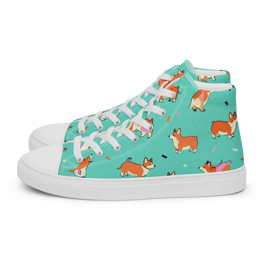 Turquoise Corgi Club on Men's High Top Canvas Shoes — Left