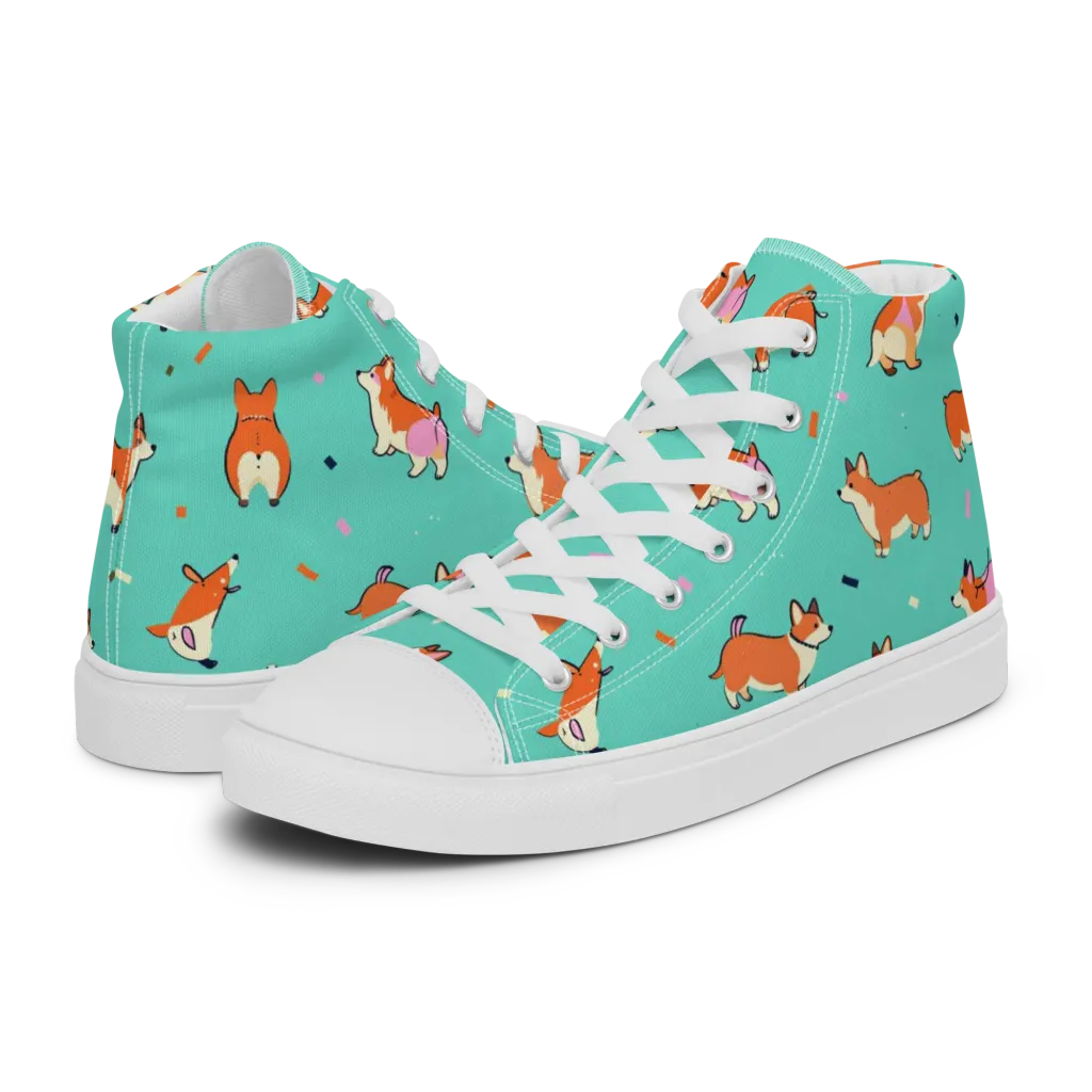 Turquoise Corgi Club on Men's High Top Canvas Shoes — Left