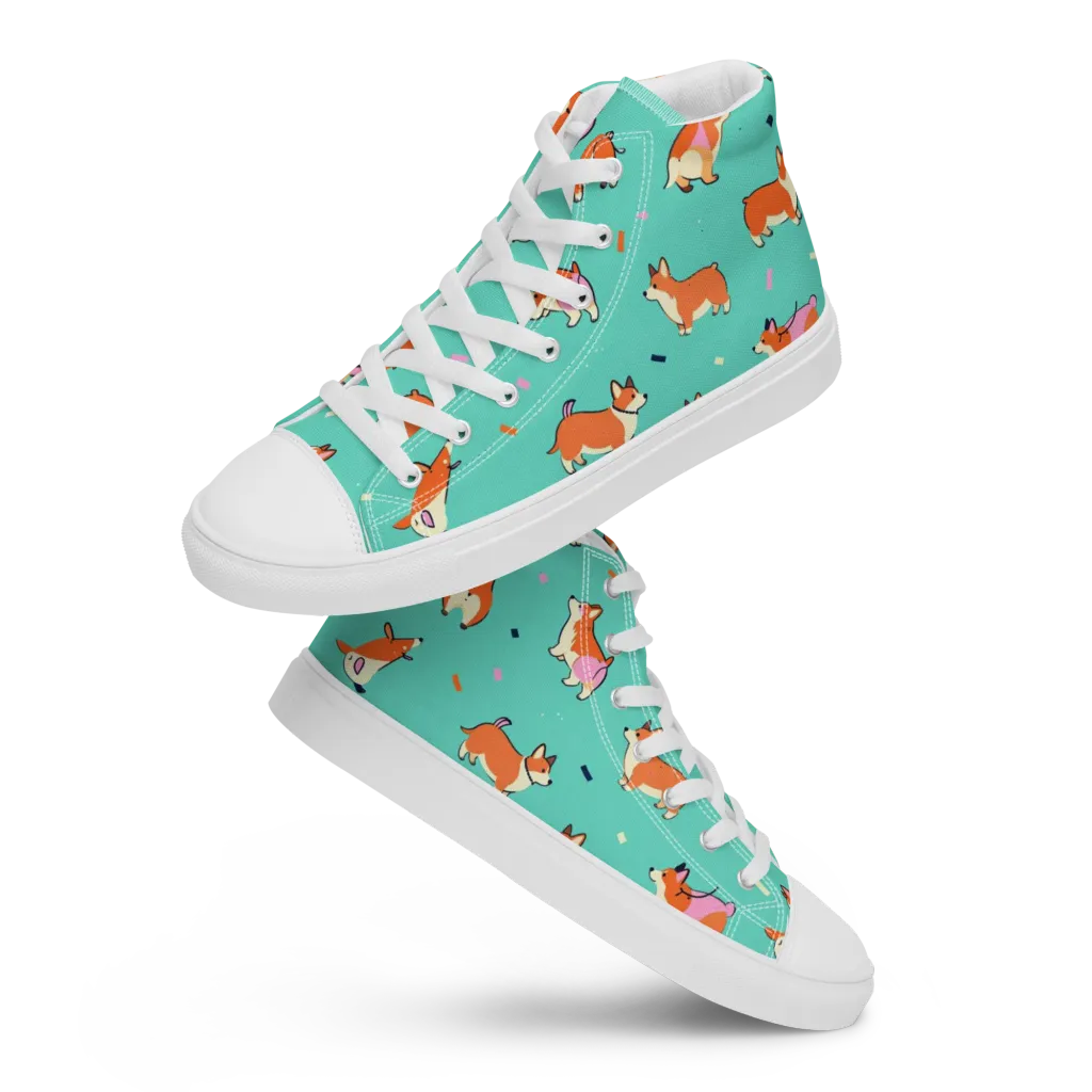 Turquoise Corgi Club on Men's High Top Canvas Shoes — Front