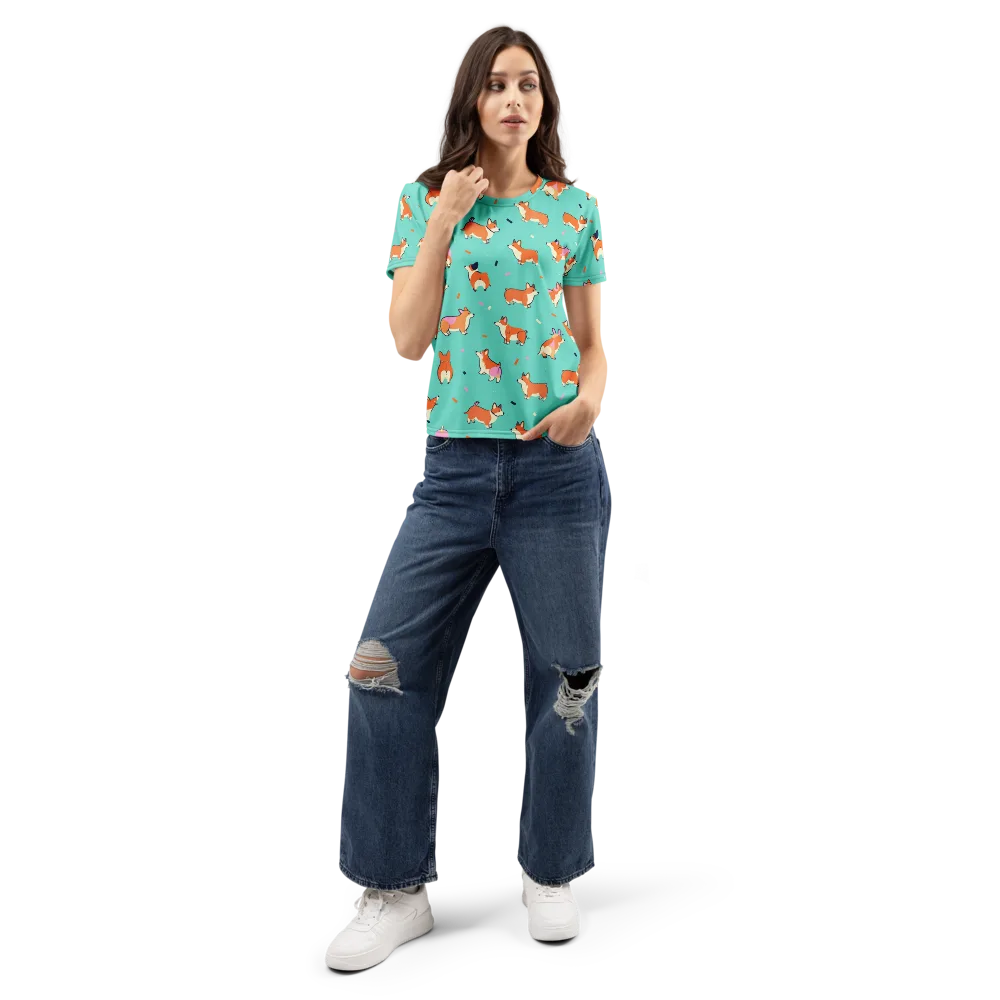 Turquoise Corgi Club on Women's Crew Neck T-Shirt — Front