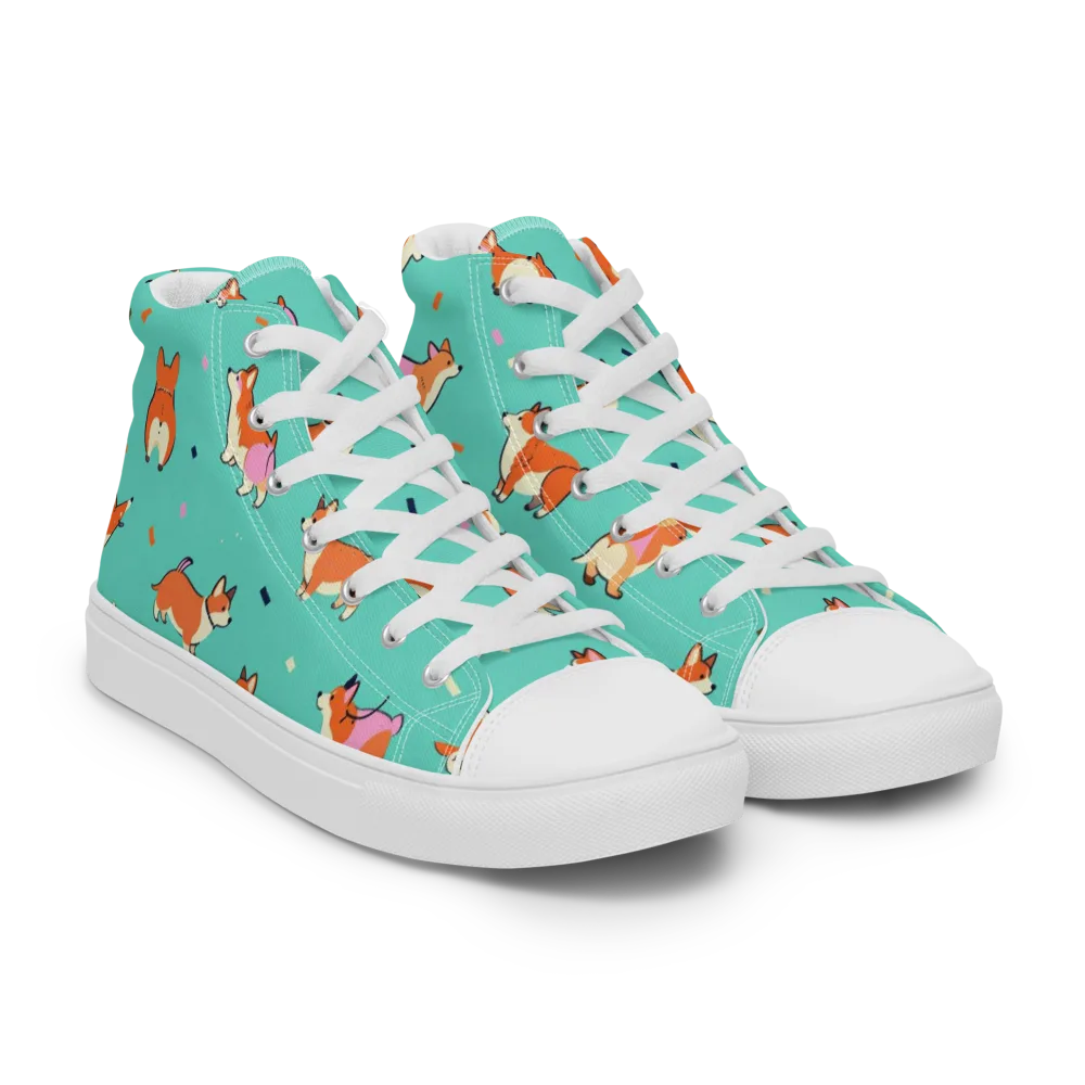Turquoise Corgi Club on Women's High Top Canvas Shoes — Right Front