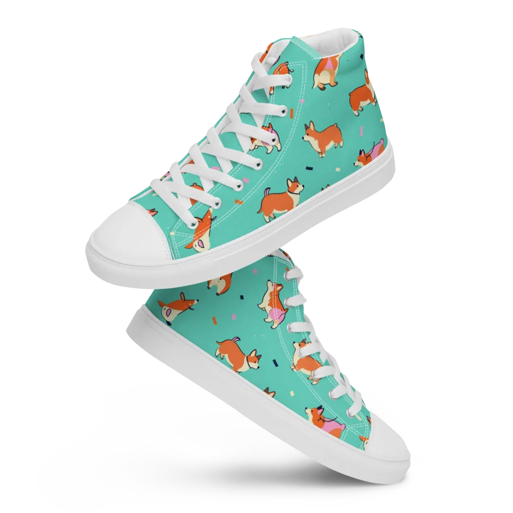 Turquoise Corgi Club on Women's High Top Canvas Shoes — Front
