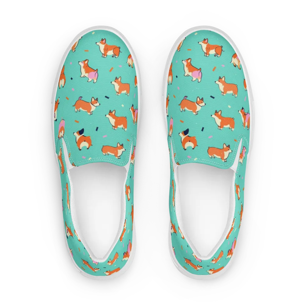 Turquoise Corgi Club on Men's Slip-On Canvas Shoes — Front