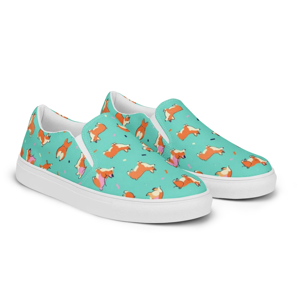 Turquoise Corgi Club on Men's Slip-On Canvas Shoes — Right Front