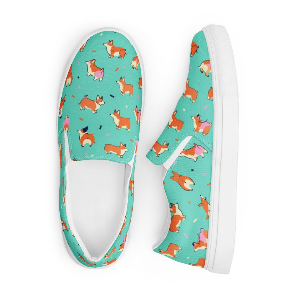Turquoise Corgi Club on Men's Slip-On Canvas Shoes — Front
