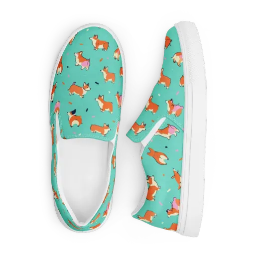 Turquoise Corgi Club on a Men's Slip-On Canvas Shoes