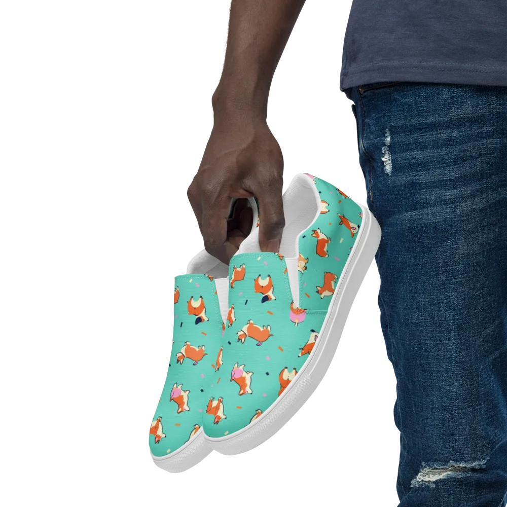 Turquoise Corgi Club on Men's Slip-On Canvas Shoes — Left Front