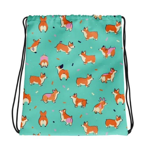 Turquoise Corgi Club on a Drawstring Bag