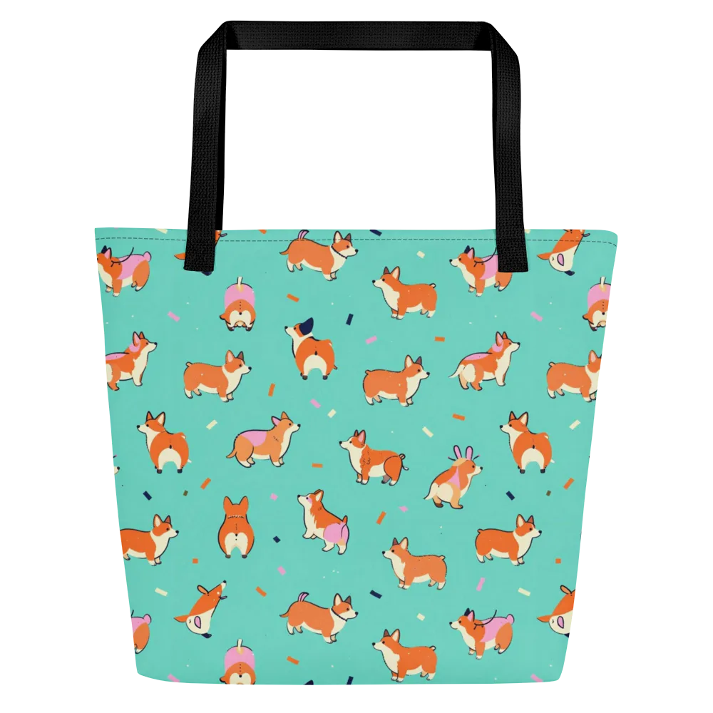 Turquoise Corgi Club on Large Tote Bag W/ Pocket — Front