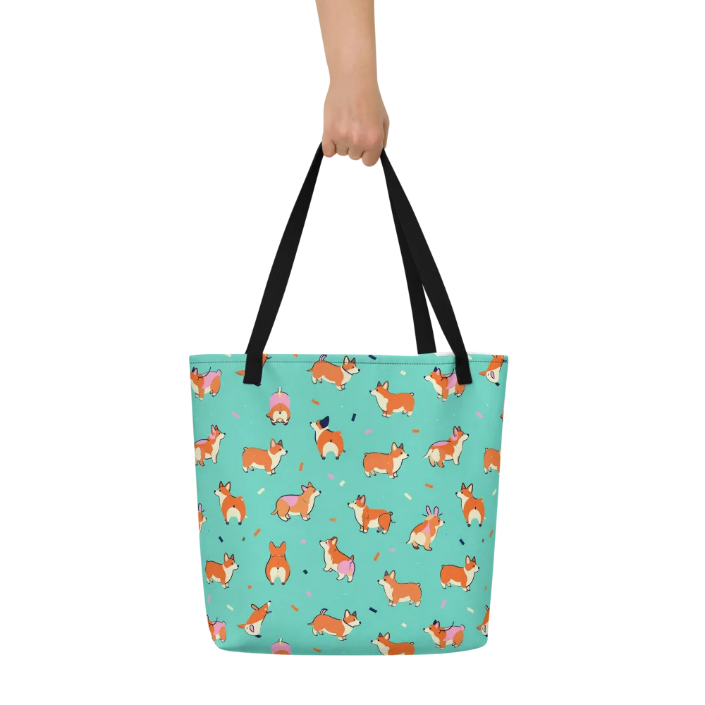 Turquoise Corgi Club on Large Tote Bag W/ Pocket — Front